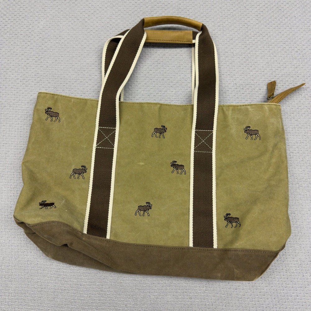 LL Bean Boat & Tote Zip Top Canvas Bag Moose Embroidery Olive Green Brown